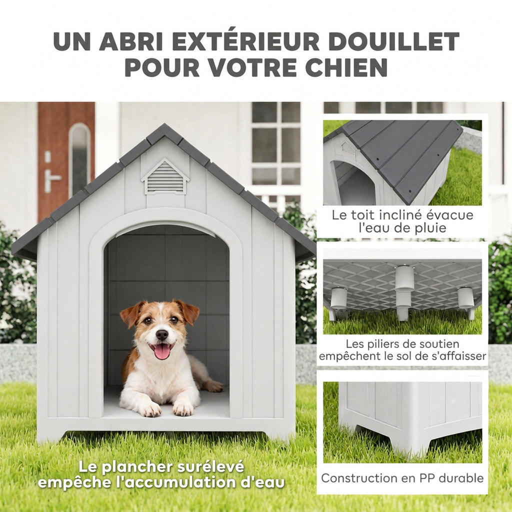 Niche pour chien extérieur, maison chien en polypropylène imperméable ventilé plancher surélevé 66x55x65cm gris clair-3
