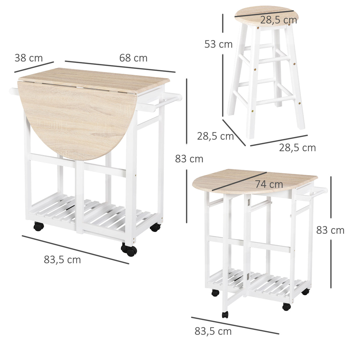 Ensemble Table de Bar Pliable sur roulettes avec étagère et 2 tiroirs + 2 tabourets Bois pin MDF Blanc chêne Clair-2