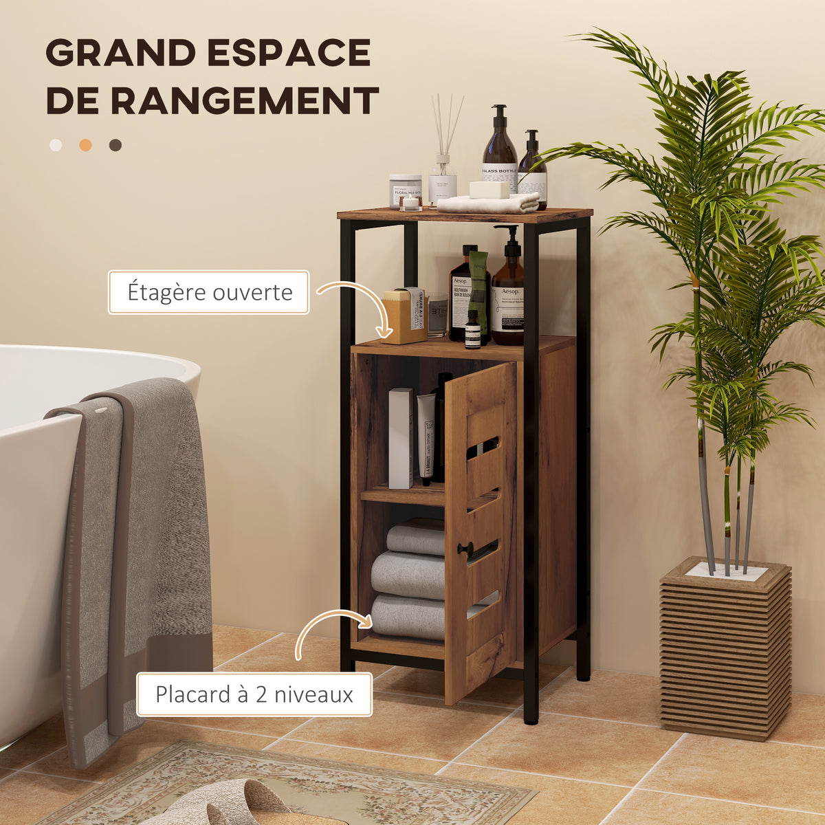 Meuble bas de salle de bain avec porte à lamelles structure en acier niche ouverte 37 x 30 x 85 cm brun rustique-3