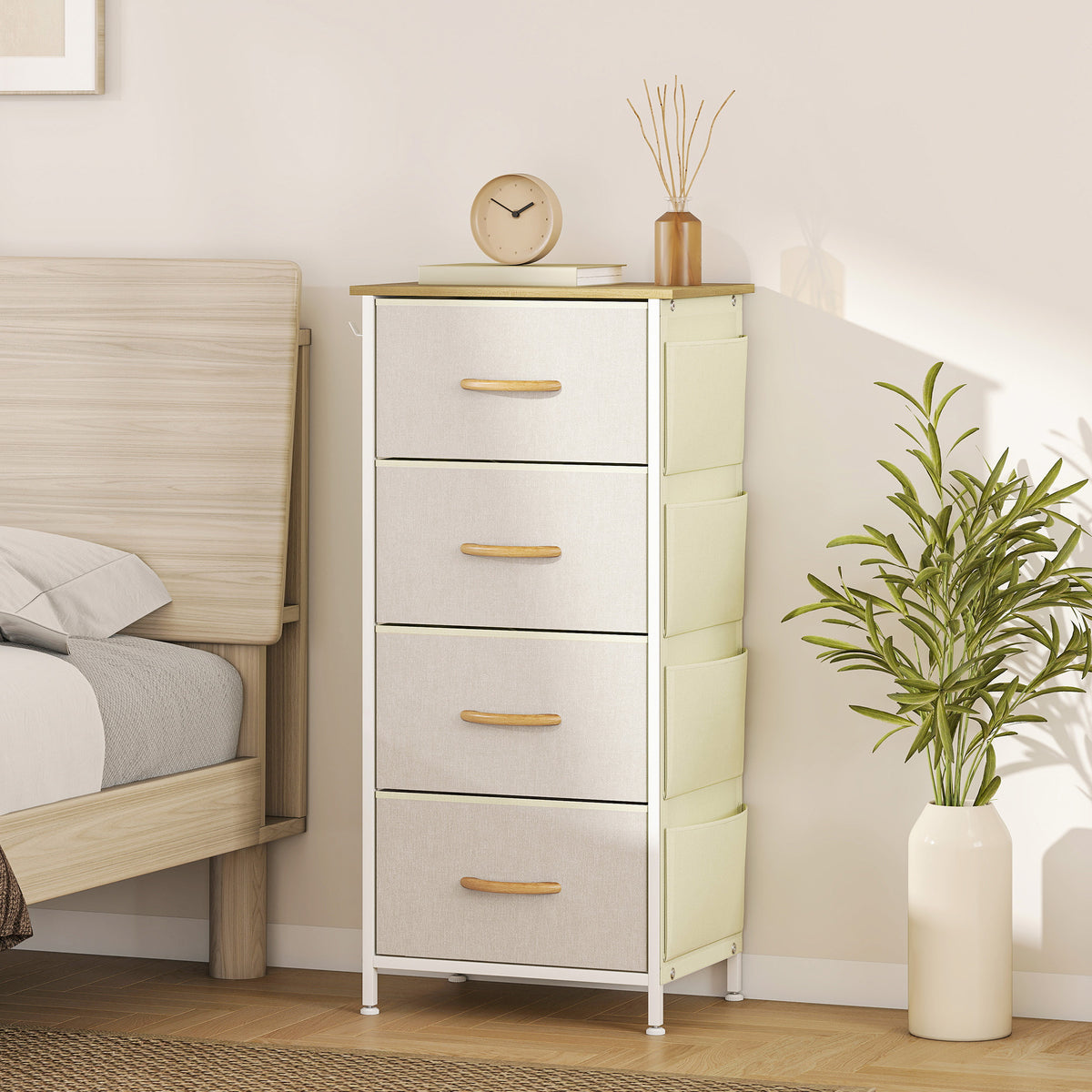 Commode 4 tiroirs en tissu, meuble de rangement avec 4 poches, 2 crochets, structure en acier, 45 x 30 x 94,5 cm, beige-9