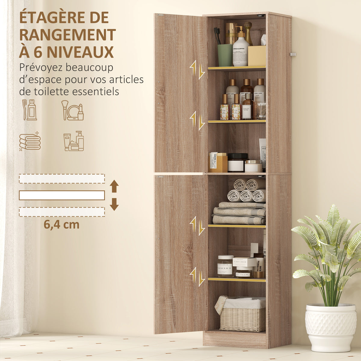 Meuble de salle de bain colonne avec 2 portes et 4 étagères réglables, 40 x 35 x 180 cm, bois naturel-3