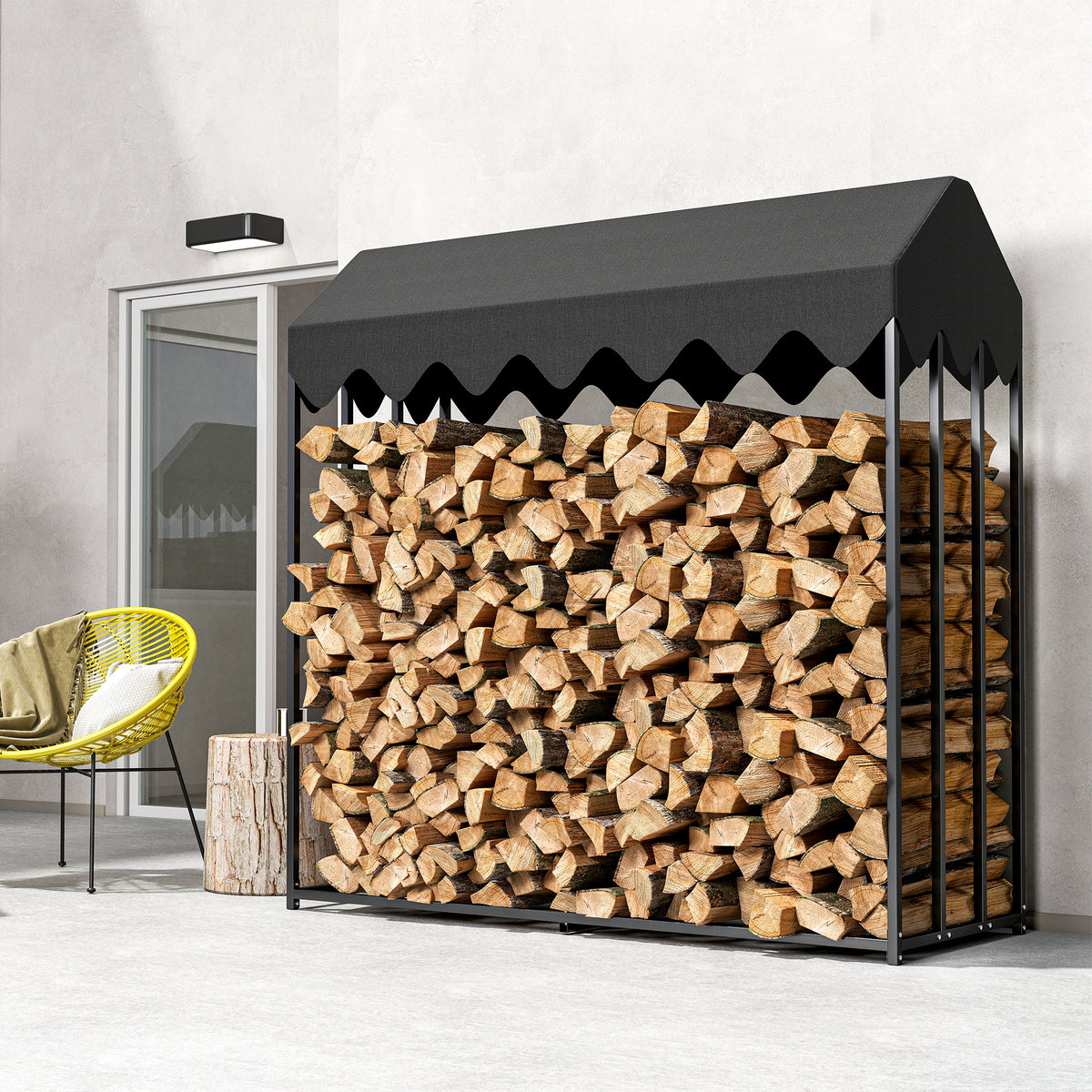 Range bûches extérieur, étagère à bûches avec housse de protection 600D Oxford capacité 1,9 m³, acier 186x70x185cm noir-6