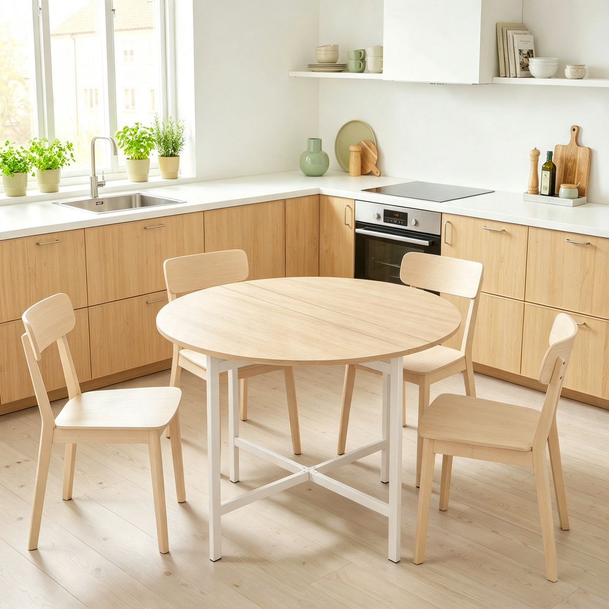 Table à manger pliante, table de cuisine ronde Ø 80 cm pour 4 personnes avec 2 abattants, pieds en acier, bois naturel-1