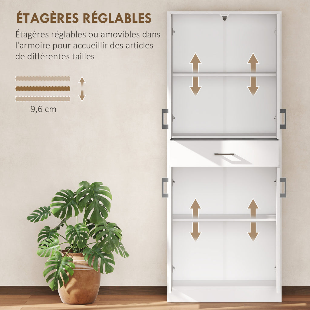 Buffet haut armoire de cuisine 4 portes 2 placards et 1 tiroir central hauteur 180 cm avec 2 étagères réglables blanc-4
