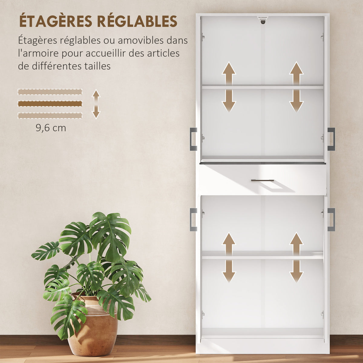 Buffet haut armoire de cuisine 4 portes 2 placards et 1 tiroir central hauteur 180 cm avec 2 étagères réglables blanc-4