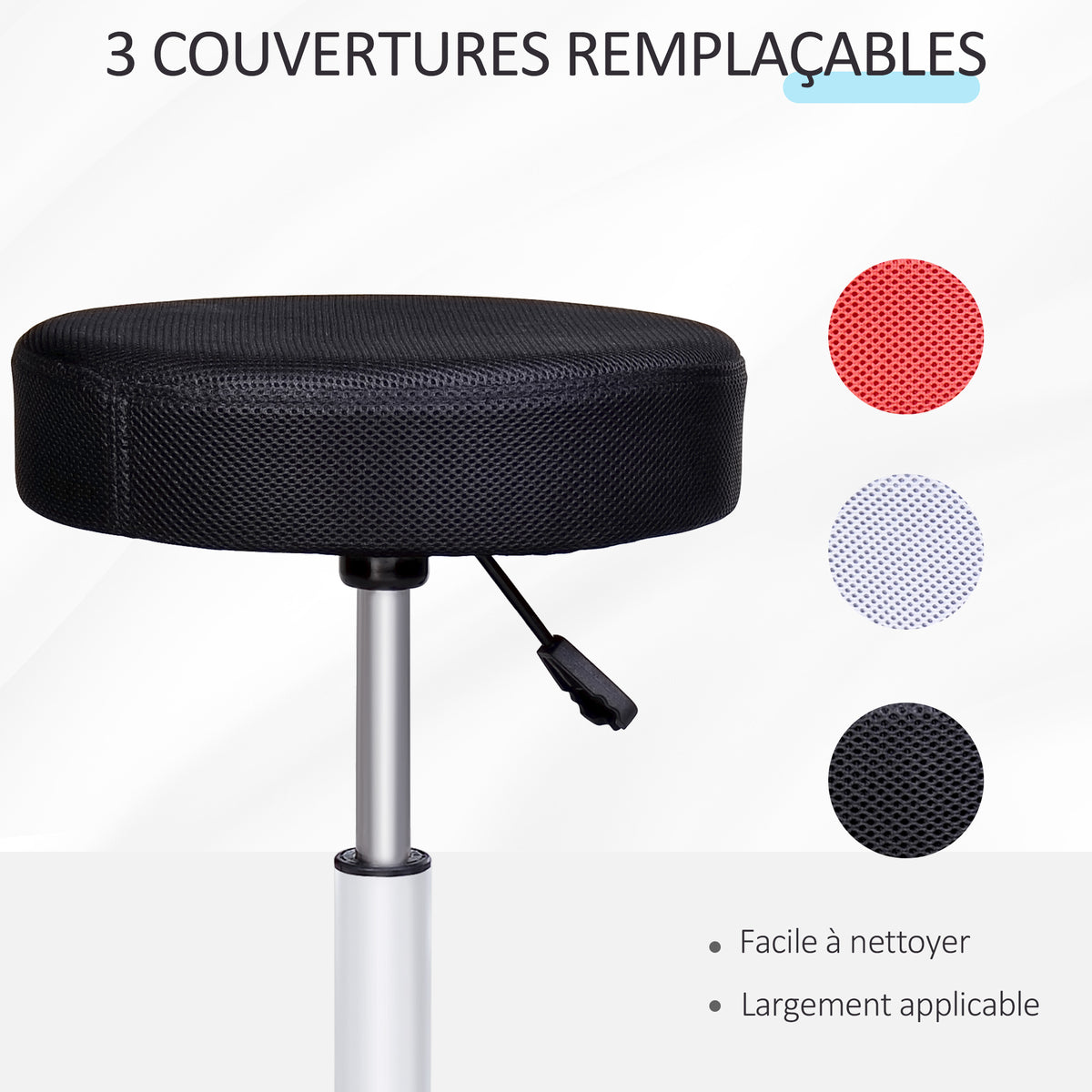 Tabouret massage a roulettes reglable en hauteur pivotant avec trois couleurs de housse de protection-4