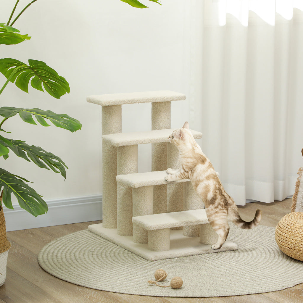 Escalier pour animaux de compagnie avec 4 marches revêtement effet laine bouclée 61 x 41 x 60 cm crème-9