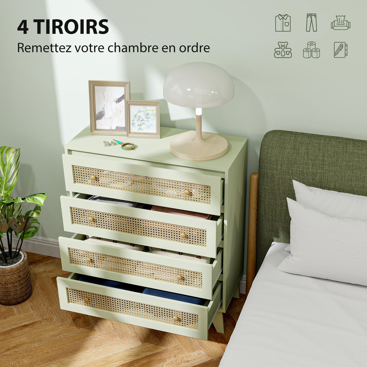Commode 4 tiroirs meuble de rangement cannage en rotin aspect bois clair 80 x 35 x 95 cm vert-4