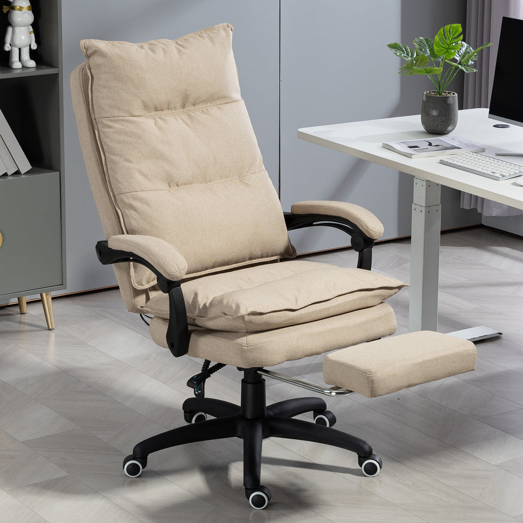 Fauteuil de bureau massant avec hauteur réglable, dossier inclinable, repose-pied intégré et télécommande filaire beige-1