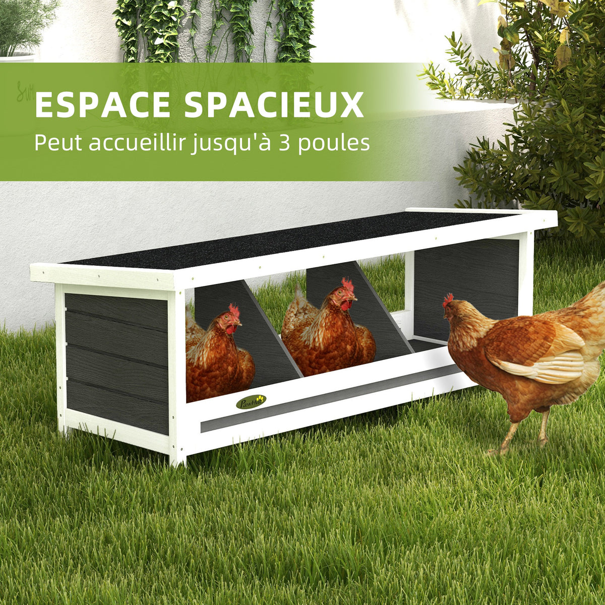 Pondoir nichoir pour poules 3 emplacements avec toit asphalte structure en bois 95 x 37 x 34 cm gris noir-3