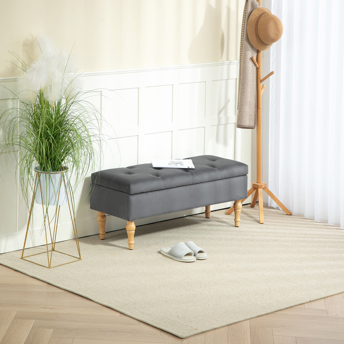 Banc coffre de rangement 2 en 1 banquette en velours avec couvercle à charnière capitonné et pieds en bois, gris foncé-1