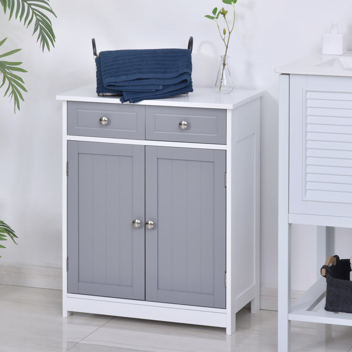 Meuble de salle de bain meuble de rangement 2 tiroirs placard double porte et étagère réglable 60 x 30 x 75 cm gris-9