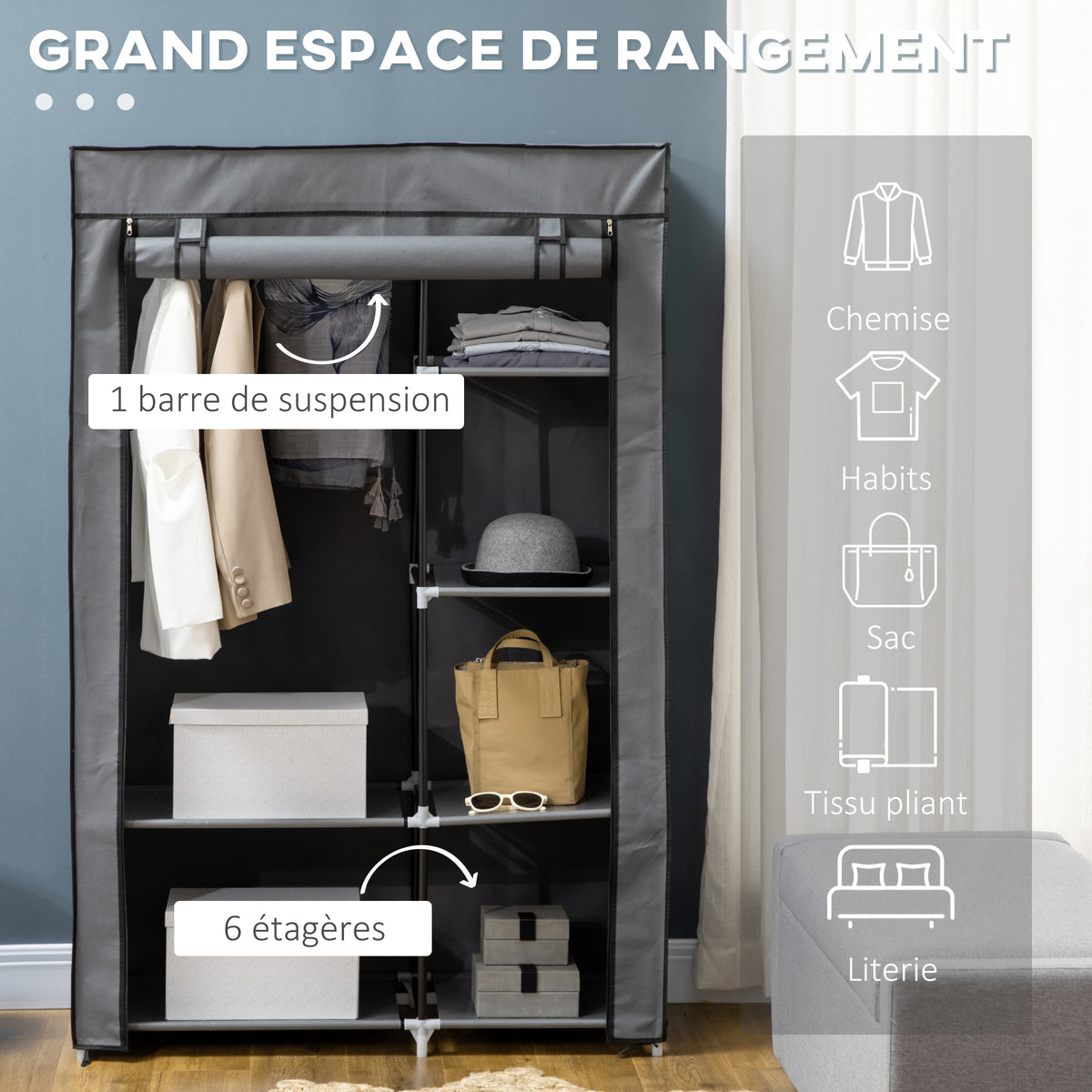 Armoire penderie multi-rangement - 6 étagères, 1 barre - non tissé gris-3
