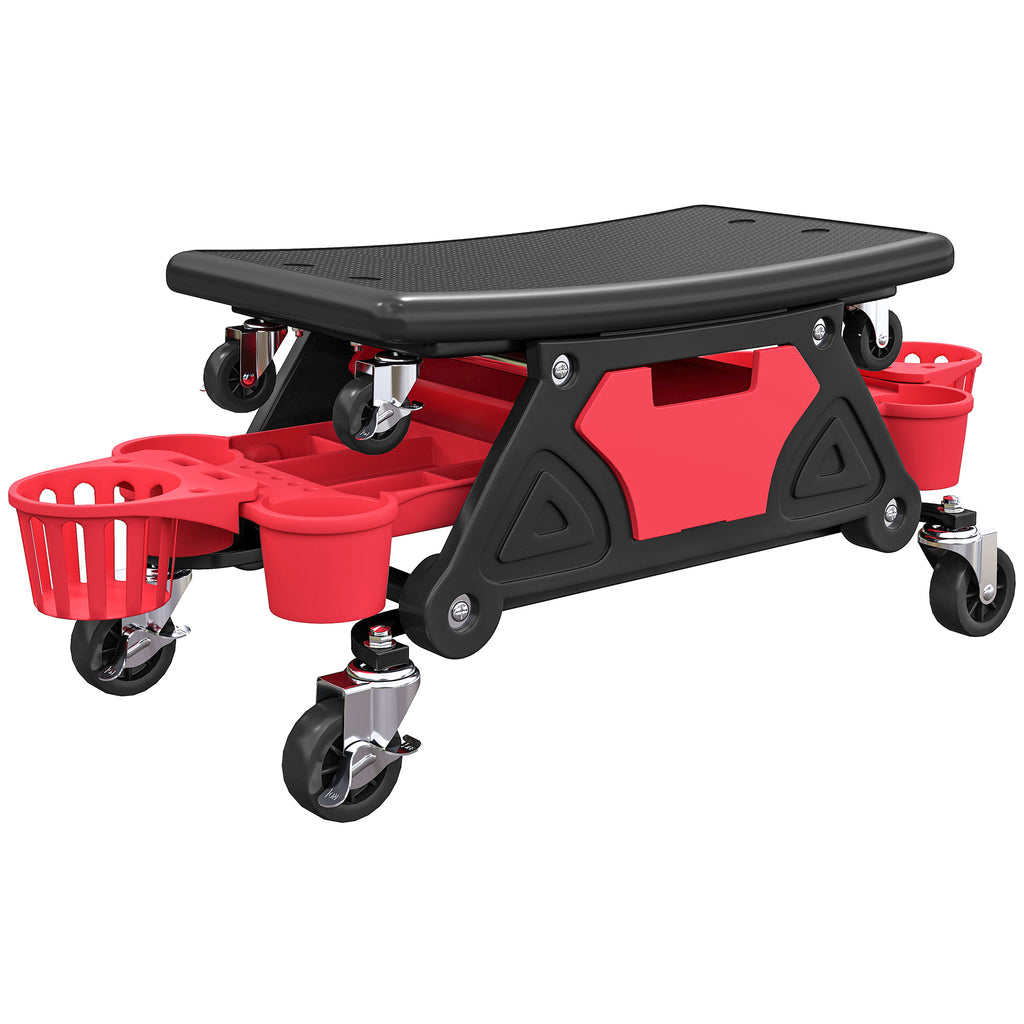 Tabouret d'atelier mobile 135 kg, tabouret de mécanicien avec roulettes rotatif à 360° avec plateaux, 86x33x33cm, rouge-0