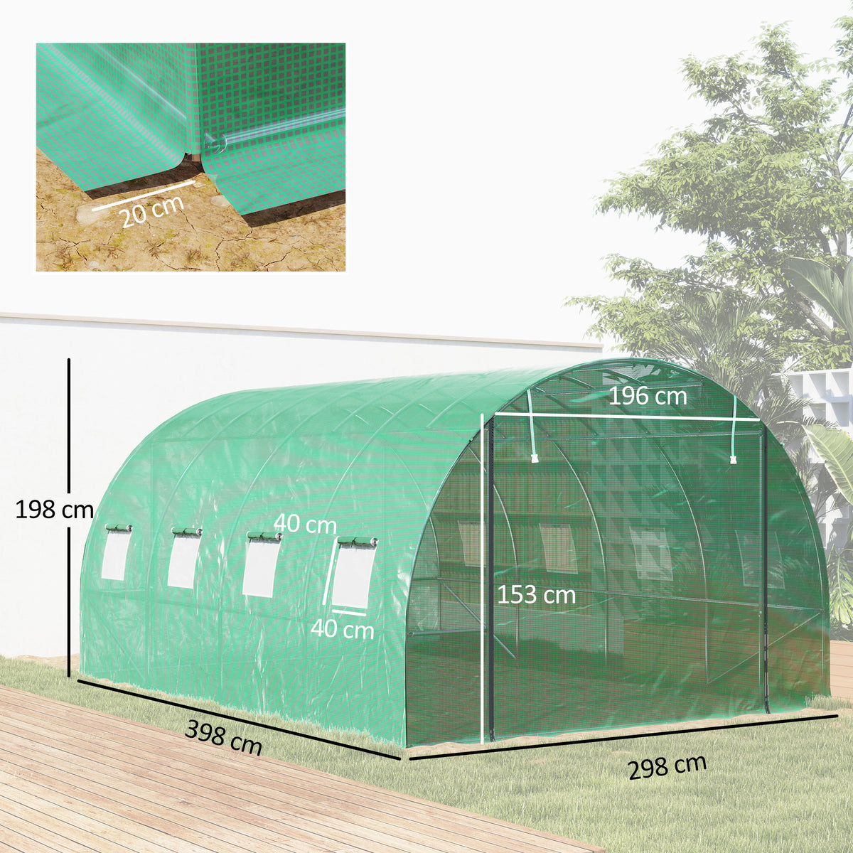 Serre tunnel de jardin 3 x 4 x 2 m avec porte enroulable et grandes fenêtres, en acier galvanisé et PE, vert-2