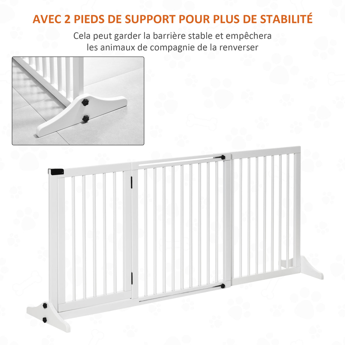 Barrière de sécurité chien barrière autoportante longueur réglable porte verrouillable intégrée dim. 113-166L x 36l x 71H cm pin blanc-4
