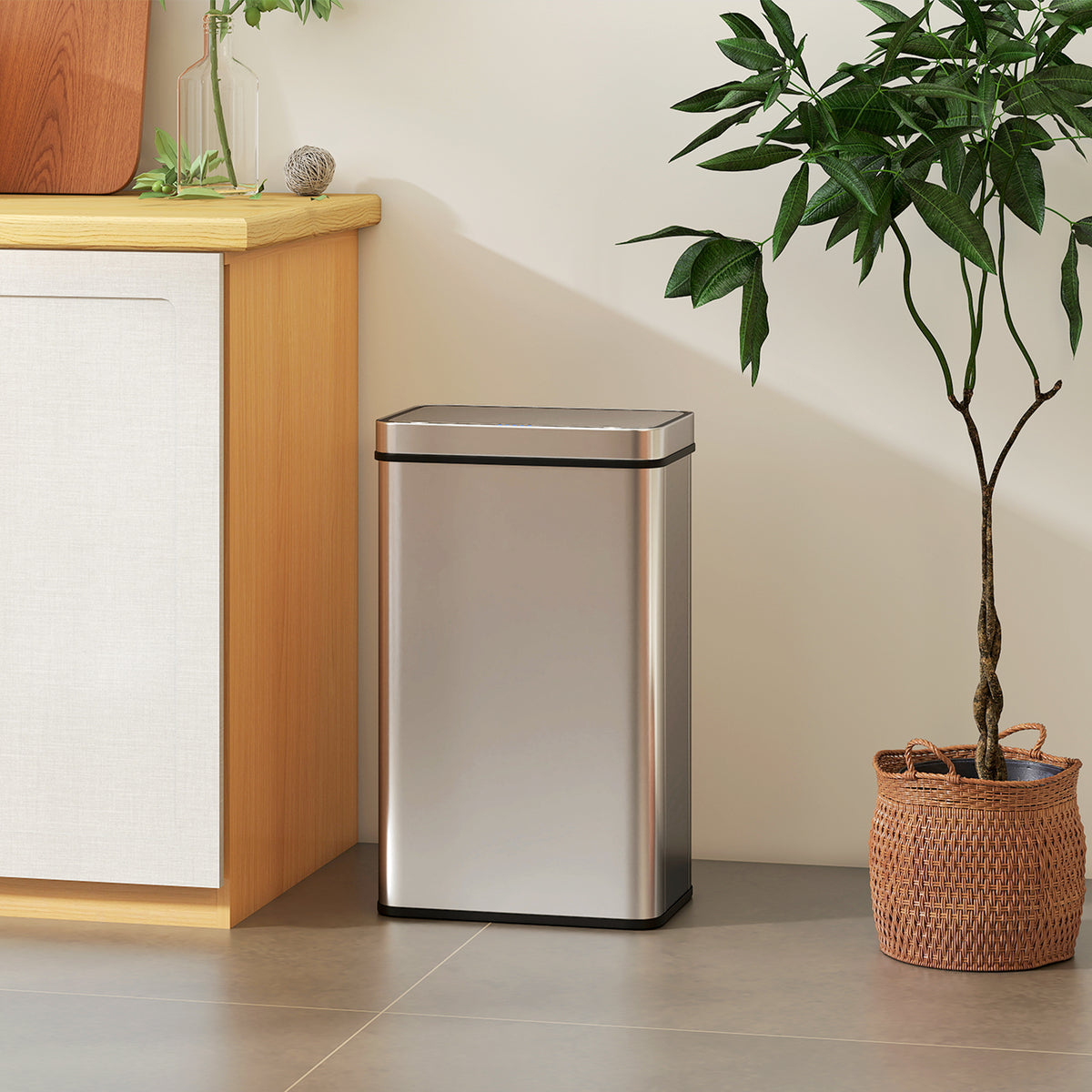 Poubelle à capteur 60 L avec couvercle à fermeture douce, poubelle de cuisine automatique en acier inoxydable, argenté-1