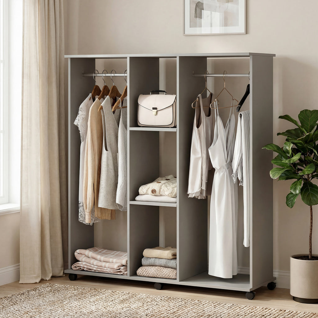 Armoire penderie meuble de rangement mobile 6 roulettes 120 x 40 x 128 cm en bois gris-8