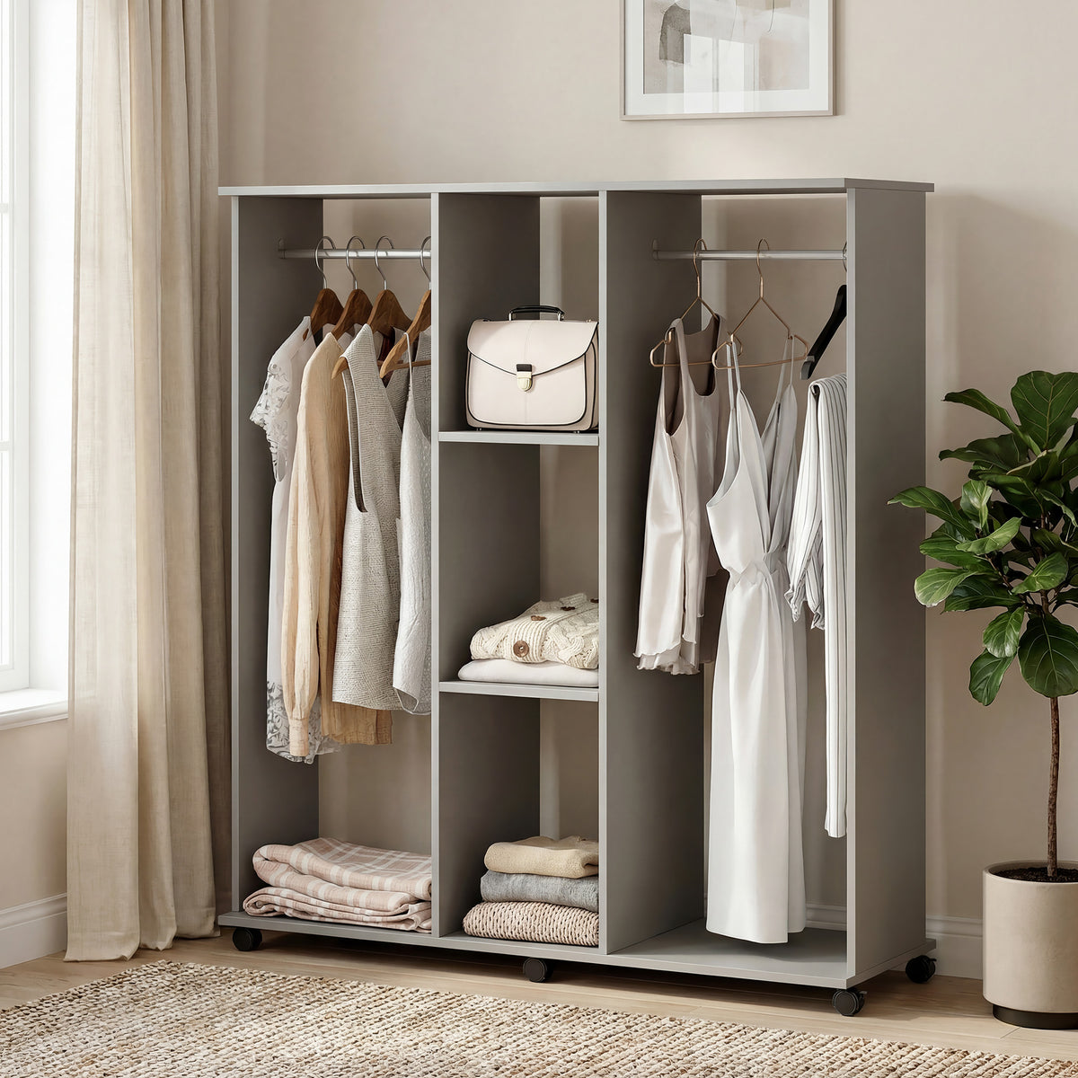 Armoire penderie meuble de rangement mobile 6 roulettes 120 x 40 x 128 cm en bois gris-8