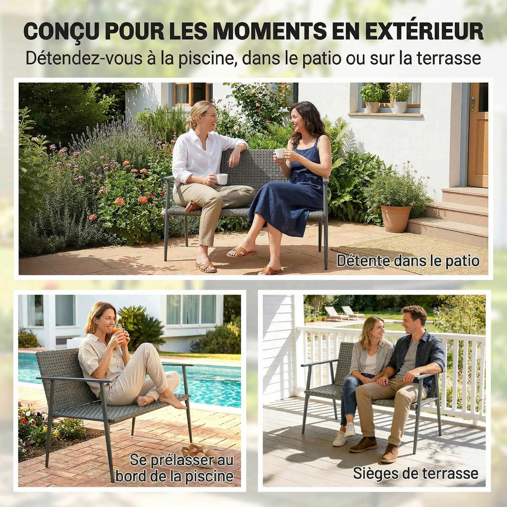 Banc de Jardin 2 places en Résine Tressée et Acier, avec Accoudoirs, Dossiers et Pieds Réglables, 110x58x78cm, Gris-8