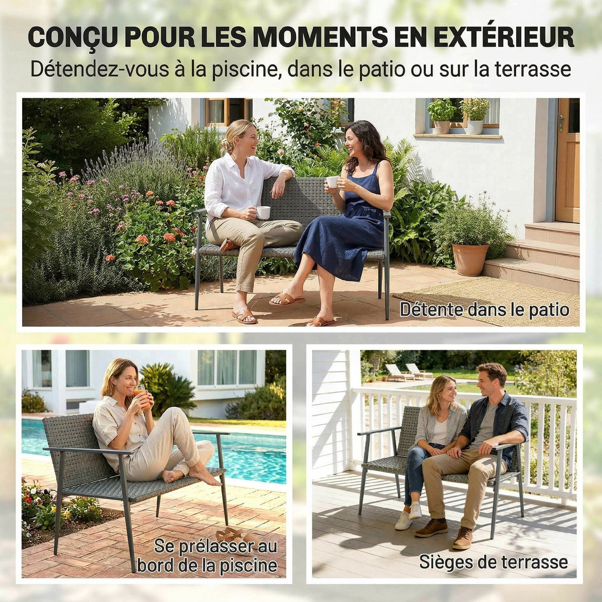 Banc de Jardin 2 places en Résine Tressée et Acier, avec Accoudoirs, Dossiers et Pieds Réglables, 110x58x78cm, Gris-8
