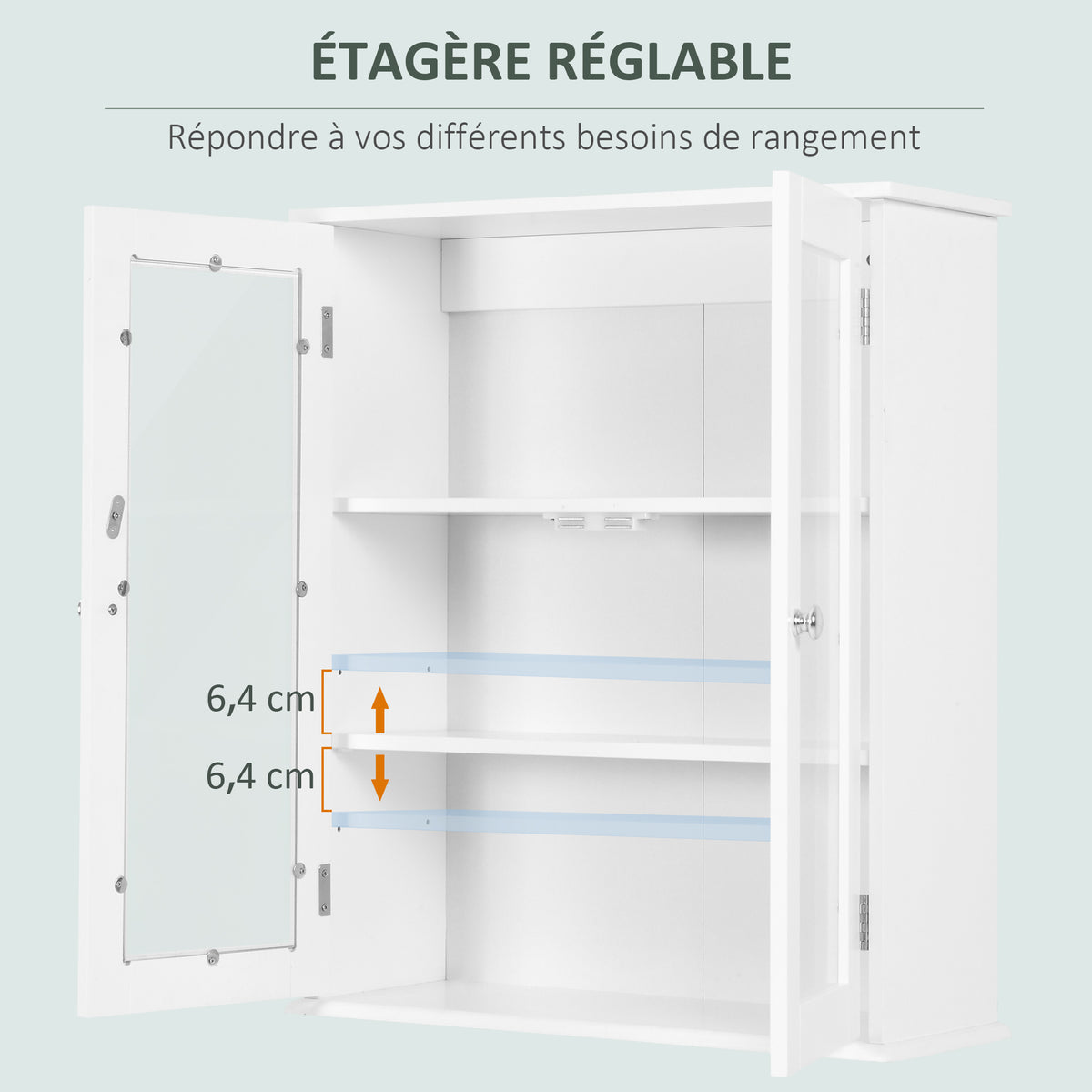 Armoire murale de salle de bain, meuble haut salle de bains avec 2 portes en verre, étagère réglable, 55x20x65cm, blanc-4