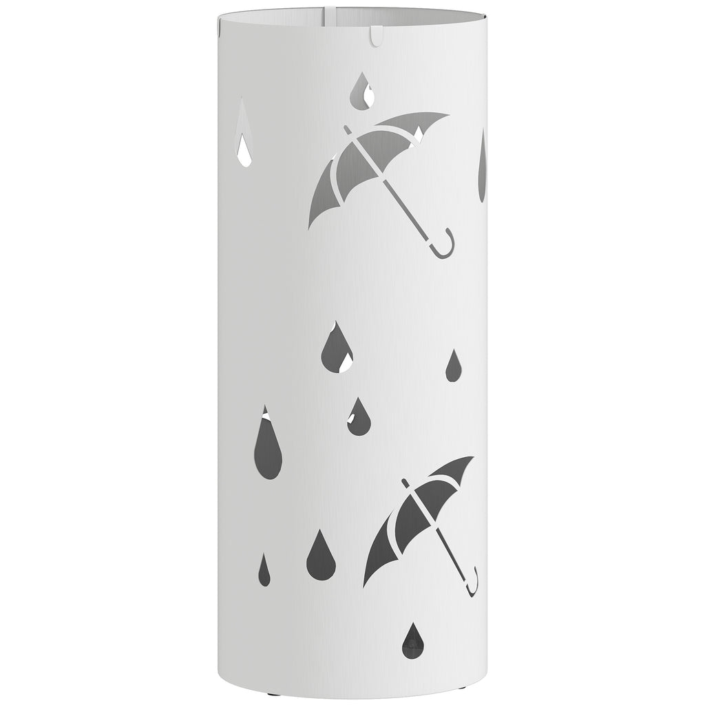 Porte parapluie cylindrique support pour parapluies bac d'égouttement amovible et 4 crochets, Ø 17 x 41 cm, blanc-0