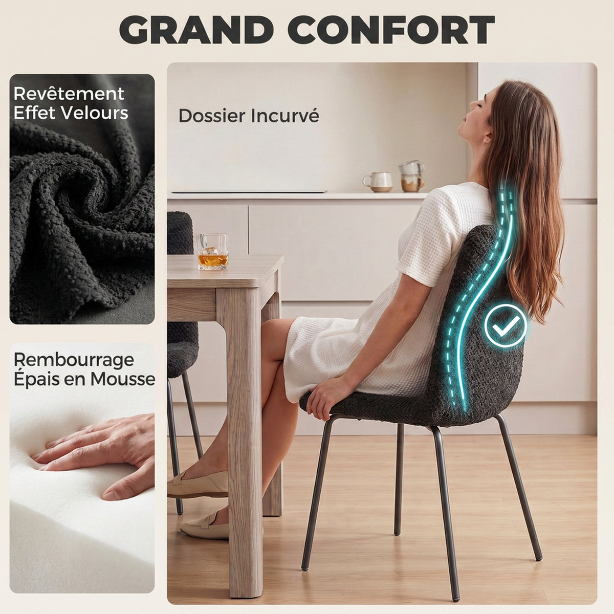 Lot de 2 Chaises de Salle à Manger, Chaises Cuisine Rembourrées en Velours, Dossier Incurvé, Pieds en Métal, Gris Foncé-4