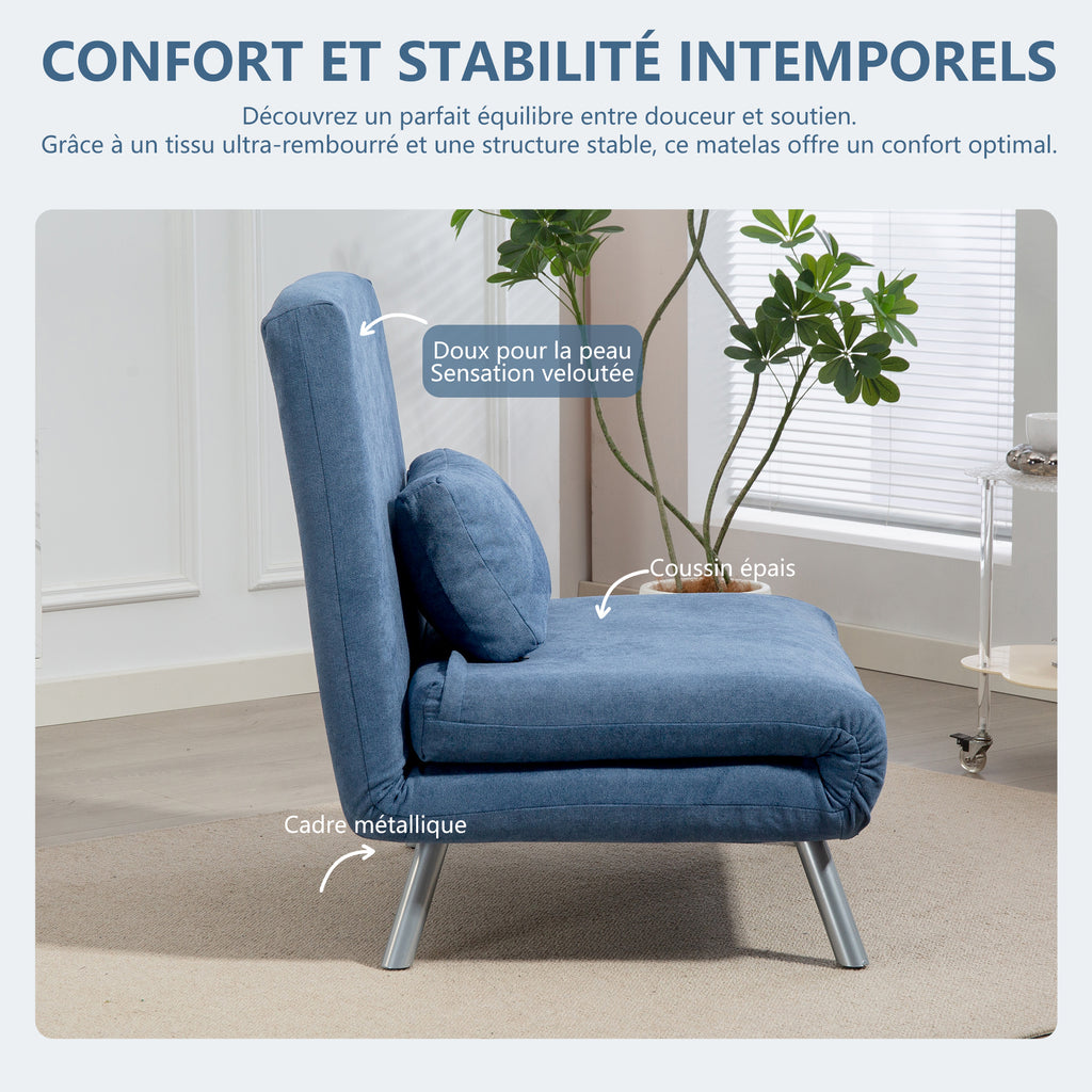 Fauteuil convertible 1 place, fauteuil-lit clic-clac 3 en 1 avec dossier réglable, oreiller, assise large, bleu-5