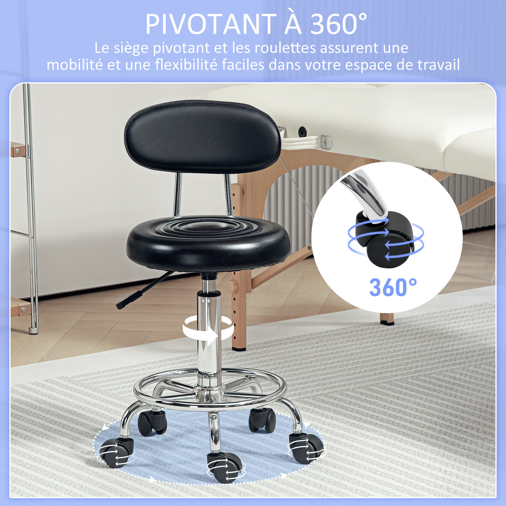 Tabouret à roulettes, tabouret de massage avec hauteur réglable 70-86 cm et dossier, pivotant 360°, noir-4