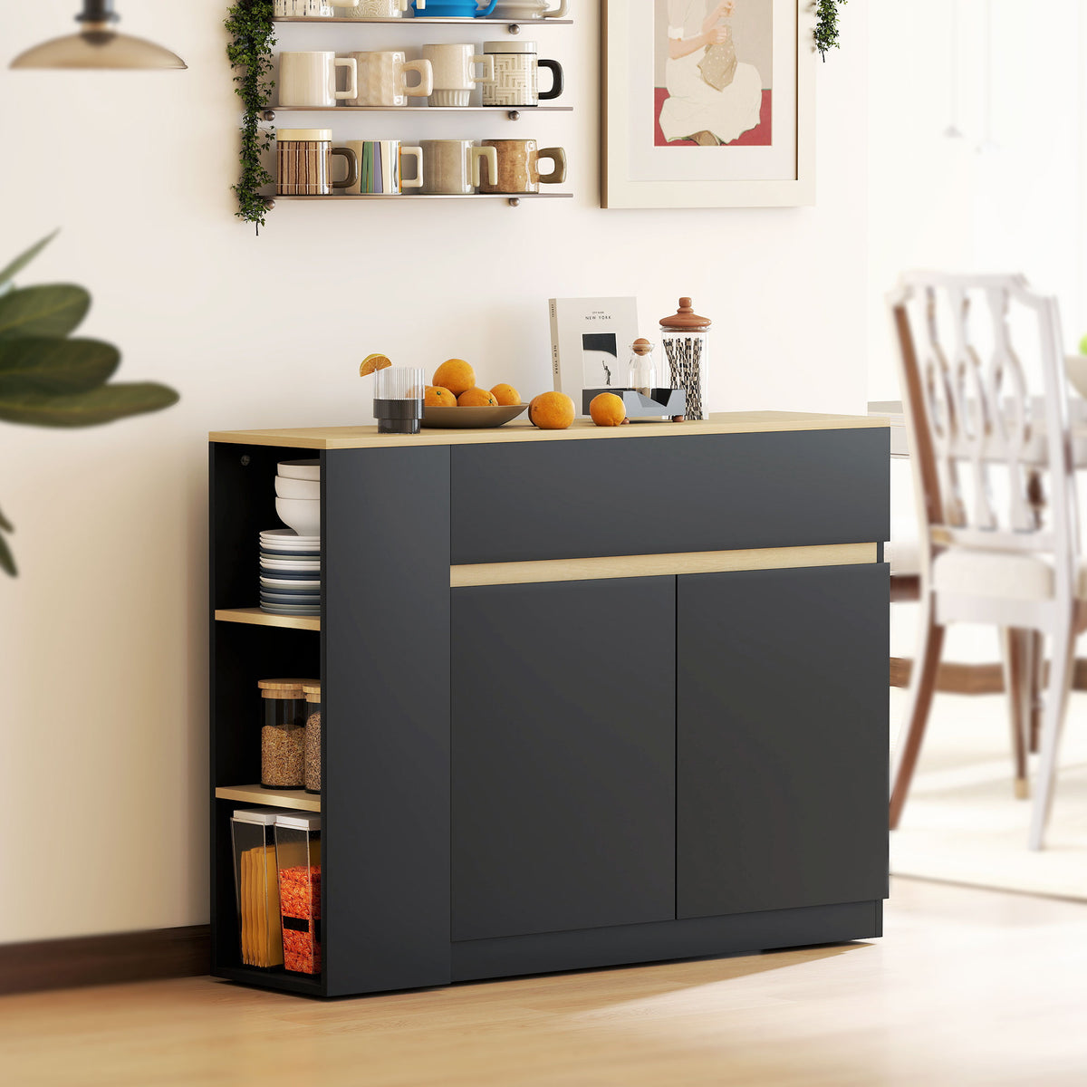 Buffet meuble de rangement avec 2 tiroirs 3 étagères ouvertes et placard 2 portes 110 x 29,5 x 82 cm noir-1