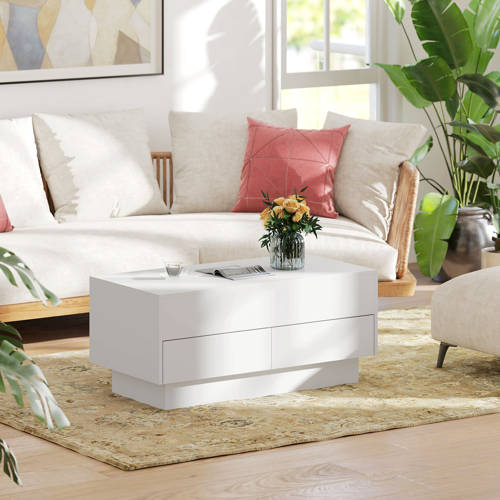 Table basse relevable, table de salon avec compartiment caché et 2 tiroirs, 100 x 50 x 44 cm, blanc-6