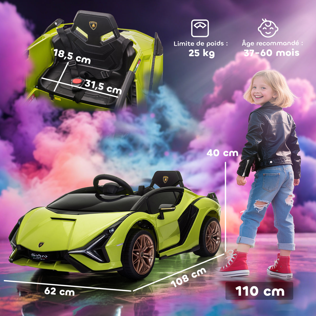 Voiture électrique Enfants de Sport Véhicule électrique Lamborghini Sian 12 V - V. Max. 5 Km/h avec Télécommande 2,4G Effets sonores + Lumineux Vert-2