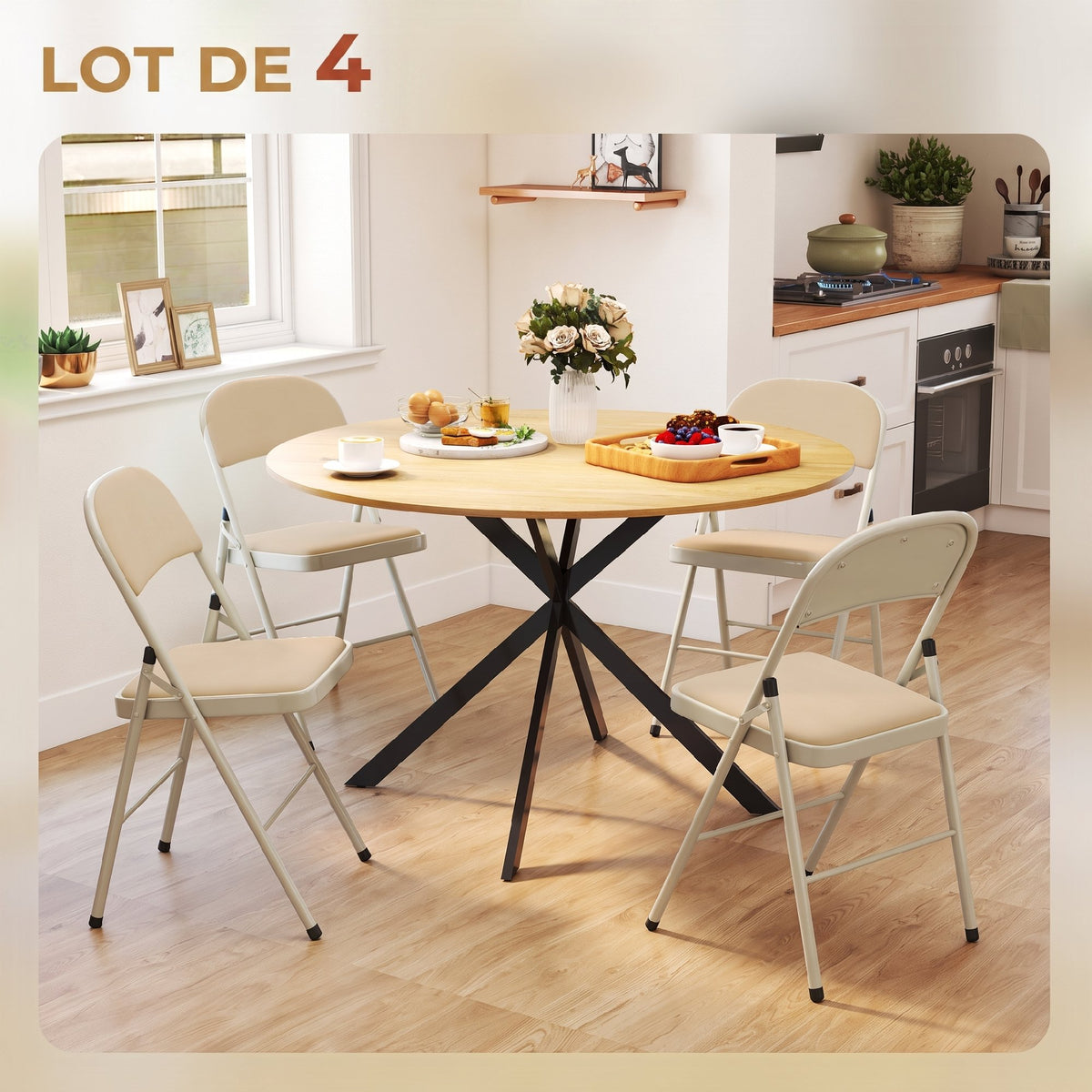Lot de 4 chaises pliantes et portables intérieur avec assises et dossiers rembourrés en velours, cadre en acier, beige-3