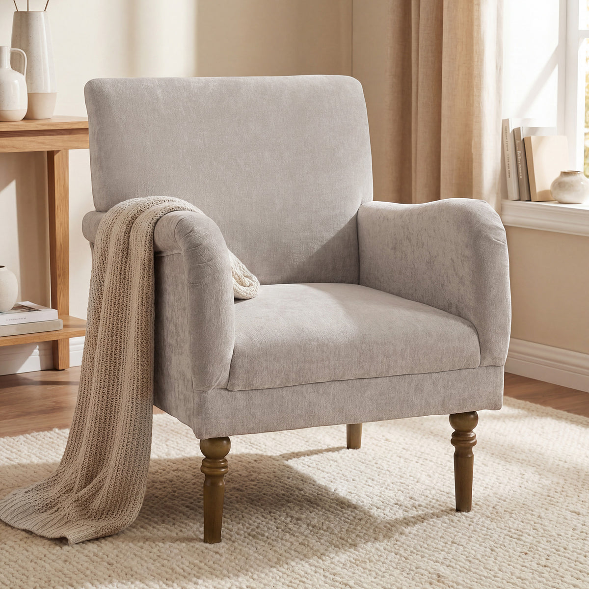 Fauteuil de salon, canapé 1 place avec dossier haut, accoudoirs, assise large, pieds en bois d'hévéa, tissu en lin, gris-7