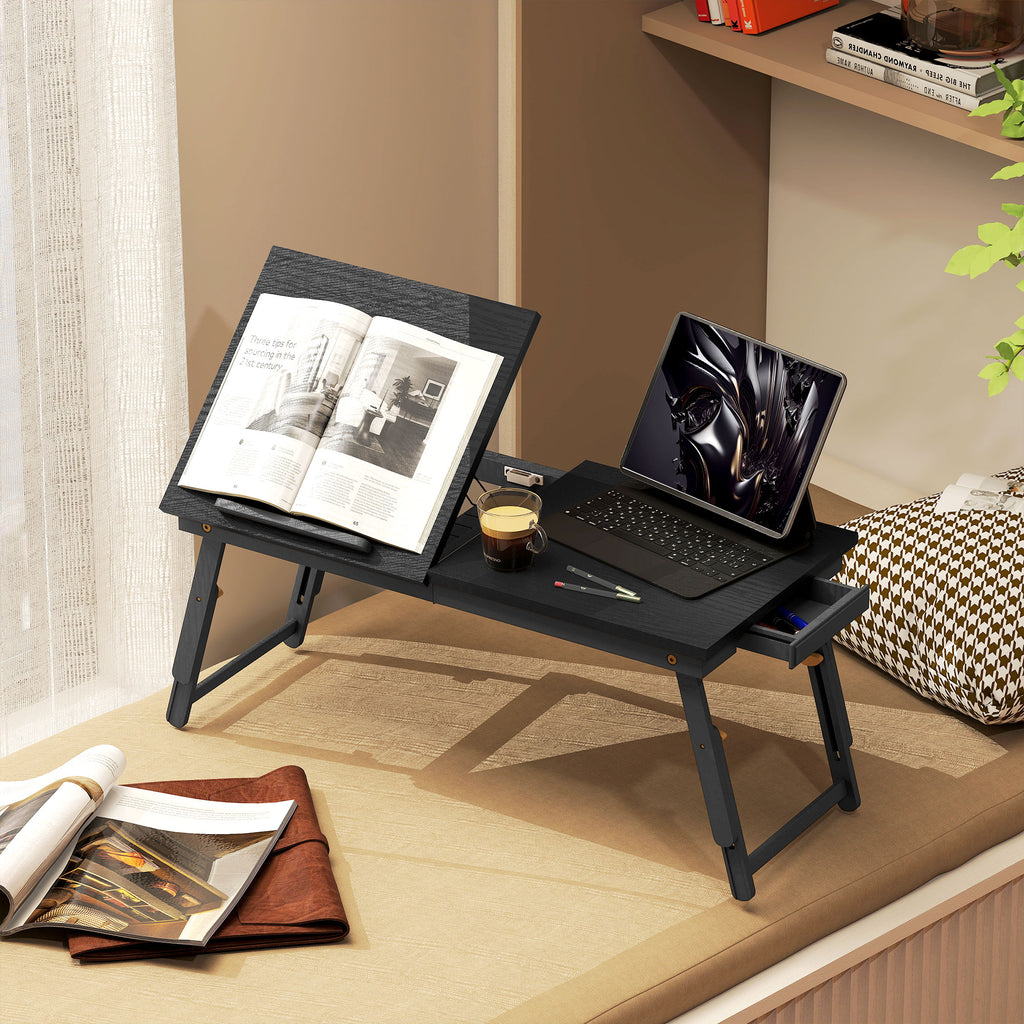 Table de lit pliable et réglable, plateau de lit pour ordinateur portable en bambou plateau inclinable 83,5x33x34cm noir-9
