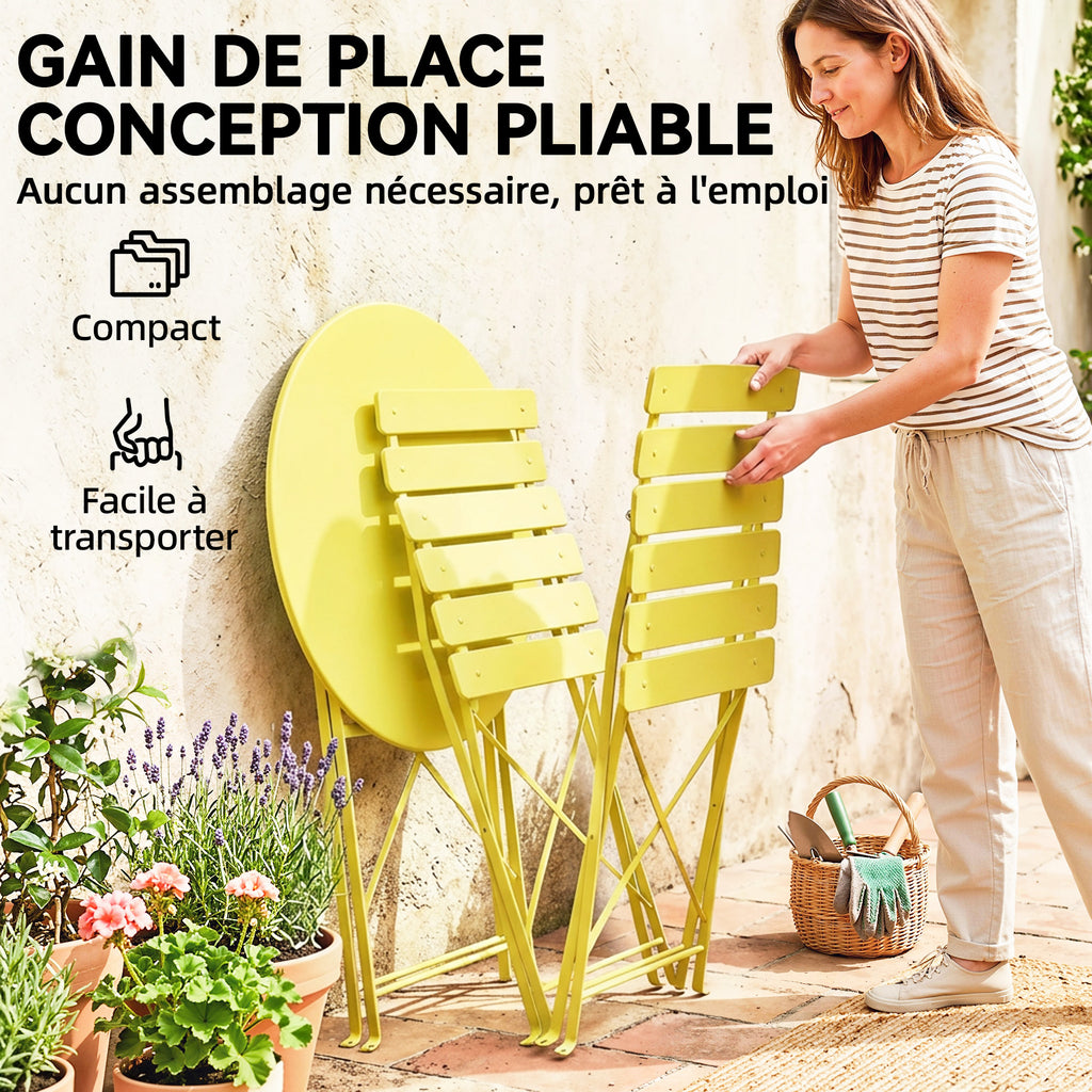Ensemble Bistrot de Jardin 3 Pièces Table et 2 Chaises Pliantes à Lattes Double Protection Antirouille Jaune-5