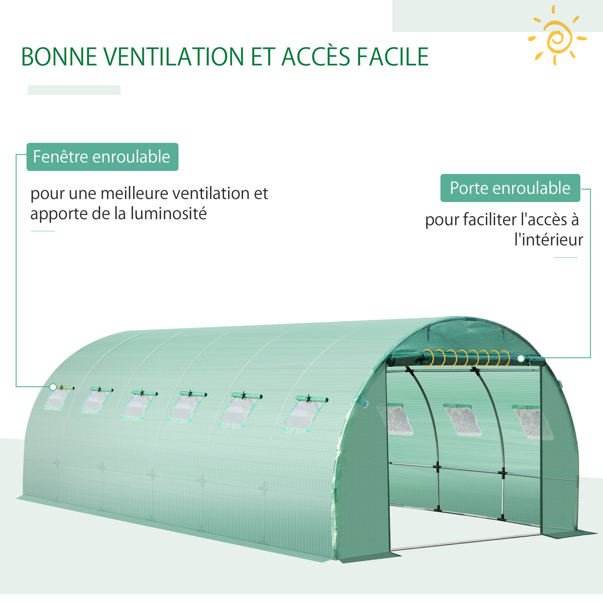 Bâche de Rechange Serre Tunnel 18 m², bâche 6 x 3 x 2 m PE Anti-UV imperméable 12 fenêtres + Porte Enroulable zippée vert-4