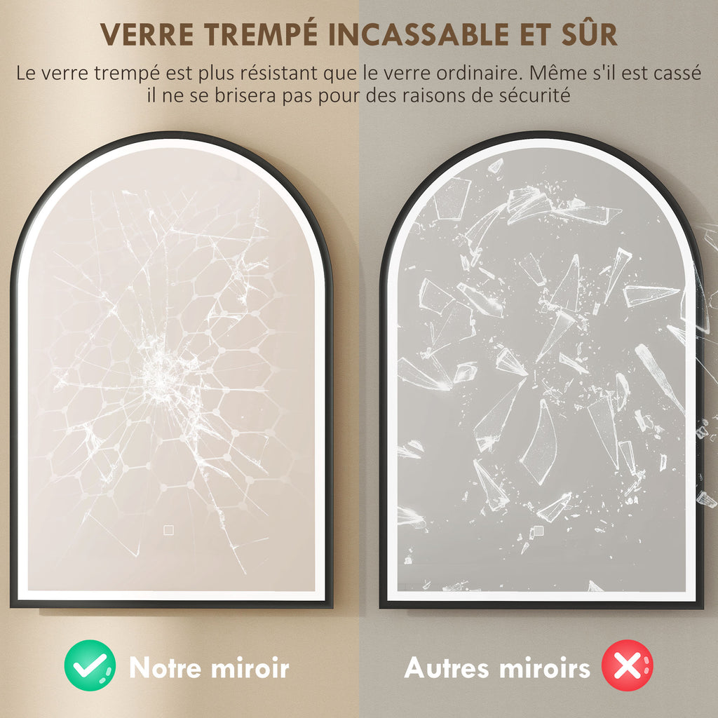 Miroir salle de bain avec éclairage 50 x 70 cm, miroir LED arqué, anti-buée, 3 couleurs lumière, dimmable, mémoire, noir-6