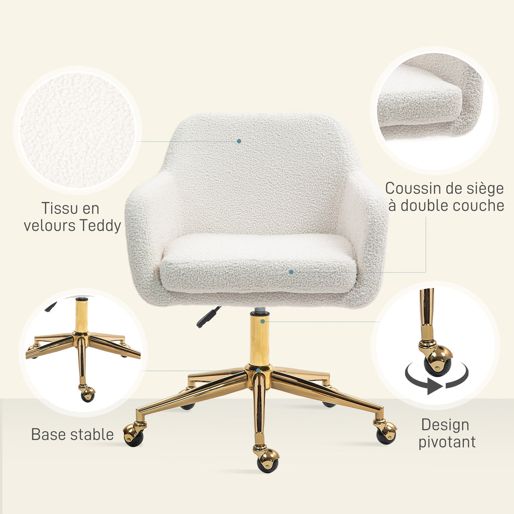 Chaise de bureau fauteuil de bureau avec roulettes hauteur réglable assise pivotante à 360° 60 x 61 x 79-88 cm crème-5