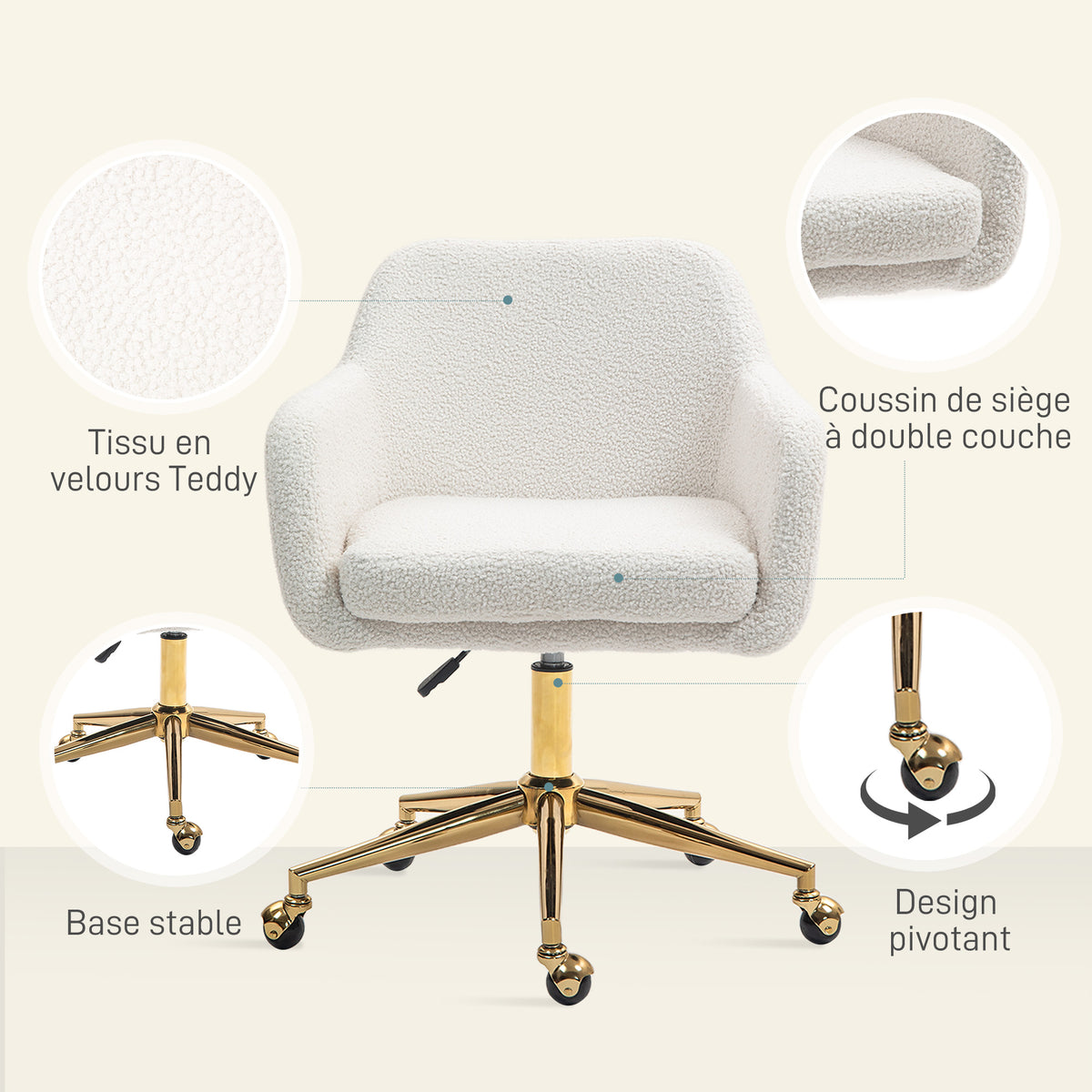 Chaise de bureau fauteuil de bureau avec roulettes hauteur réglable assise pivotante à 360° 60 x 61 x 79-88 cm crème-5
