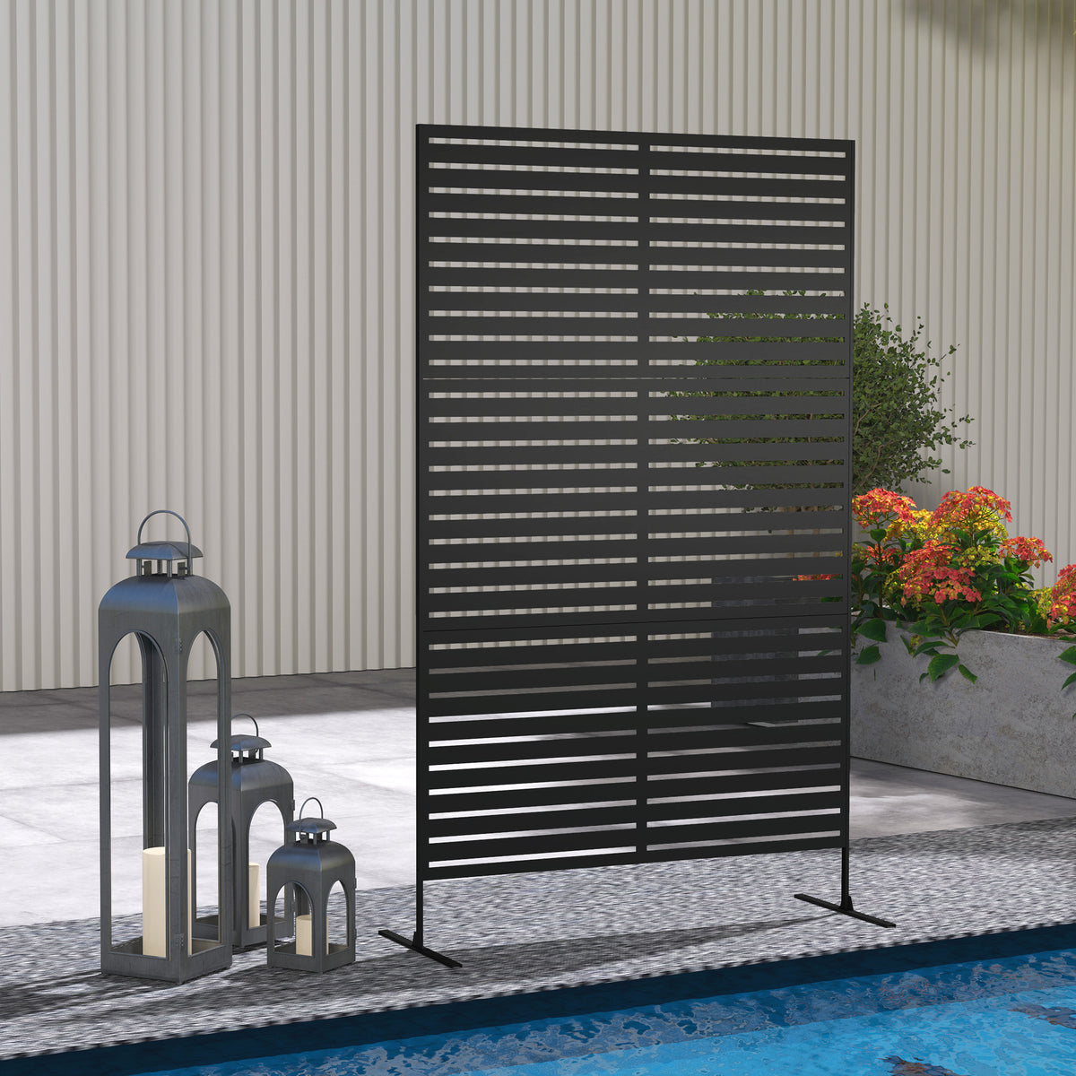 Panneau Brise Vue Extérieur Décoratif en Acier 122x198cm, Treillis pour Plantes Grimpantes, Support, Panneau Rayé, Noir-9