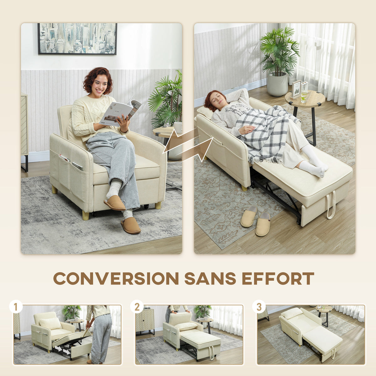 Fauteuil Convertible 1 Place, Fauteuil-Lit Clic-Clac 3 en 1 Rembourré en Velours Grain Maïs, Dossier Réglable, Beige-3