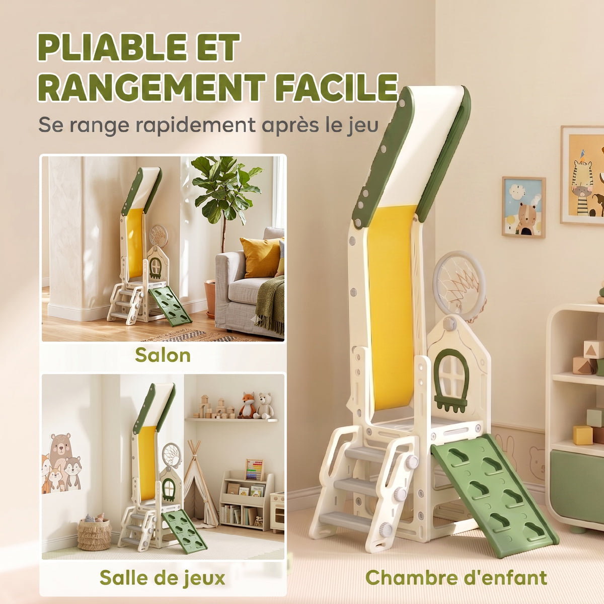 Toboggan pour Enfant Pliable 5-en-1 avec Escalade, Panier de Basket, Espace de Rangement et Ballon, Crème-4