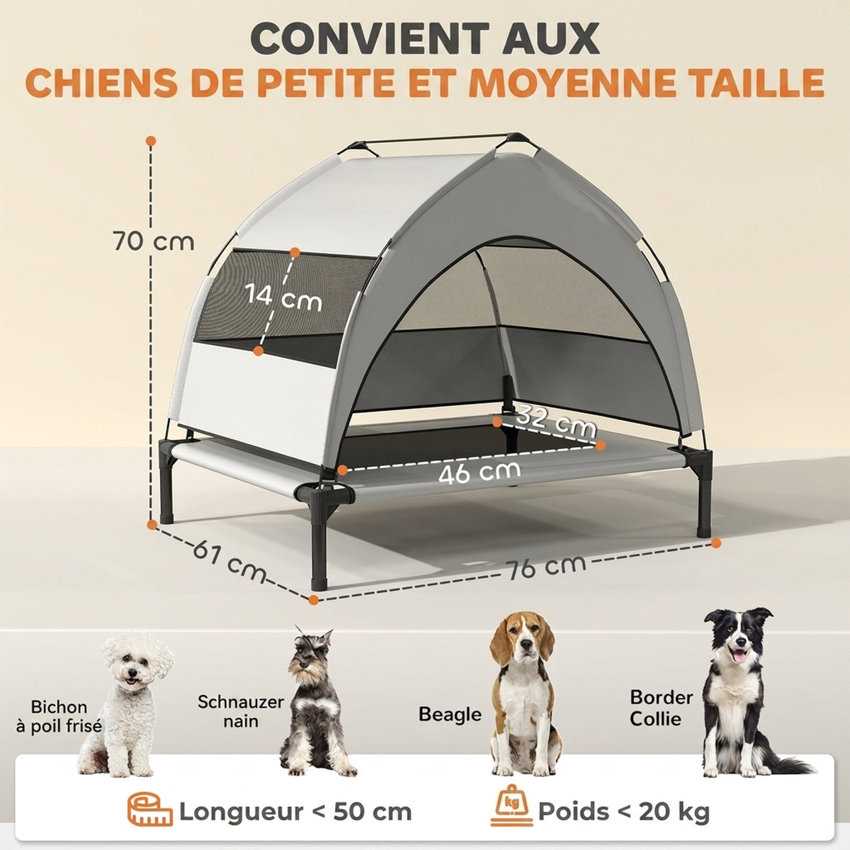 Lit pour Chien Surélevé Tente pour Chien avec Auvent Tente 3 Côtés Respirant Textilène Sac 76x61x70cm Gris Clair-2