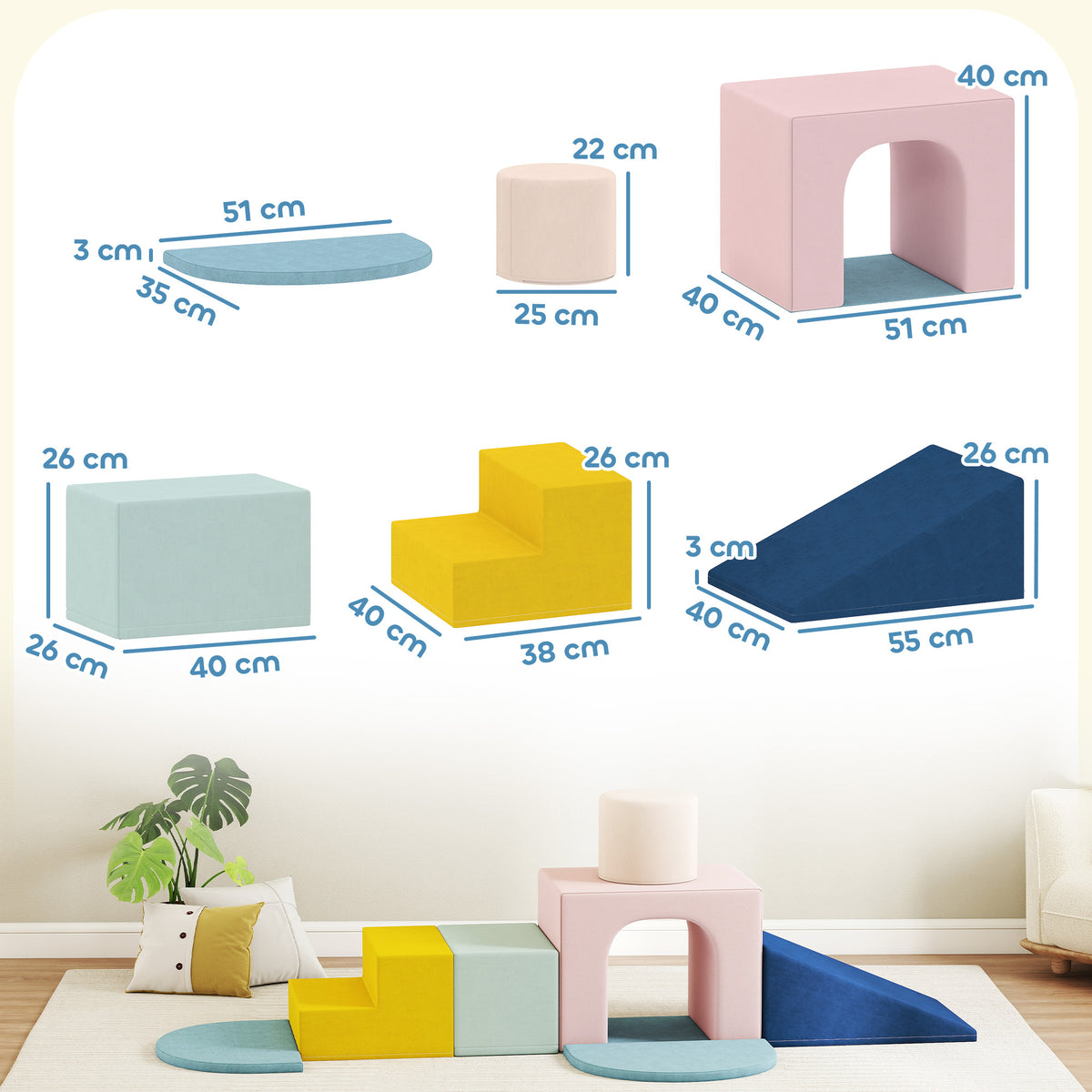 Parcours motricité bébé jouet d'escalade modulable 8 pièces housse lavable en velours 51 x 40 x 40 cm multicolore-2