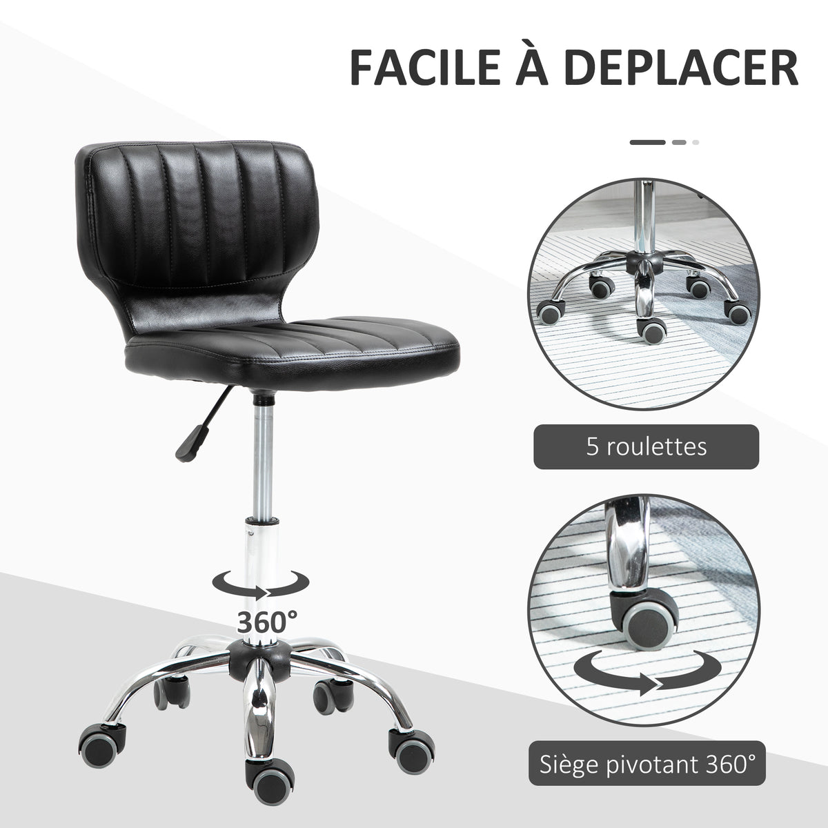 Tabouret à roulettes - tabouret de travail pivotant 360° -  - tabouret ergonomique - hauteur assise réglable 47-62 cm - revêtement synthétique matelassé noir métal chromé-5