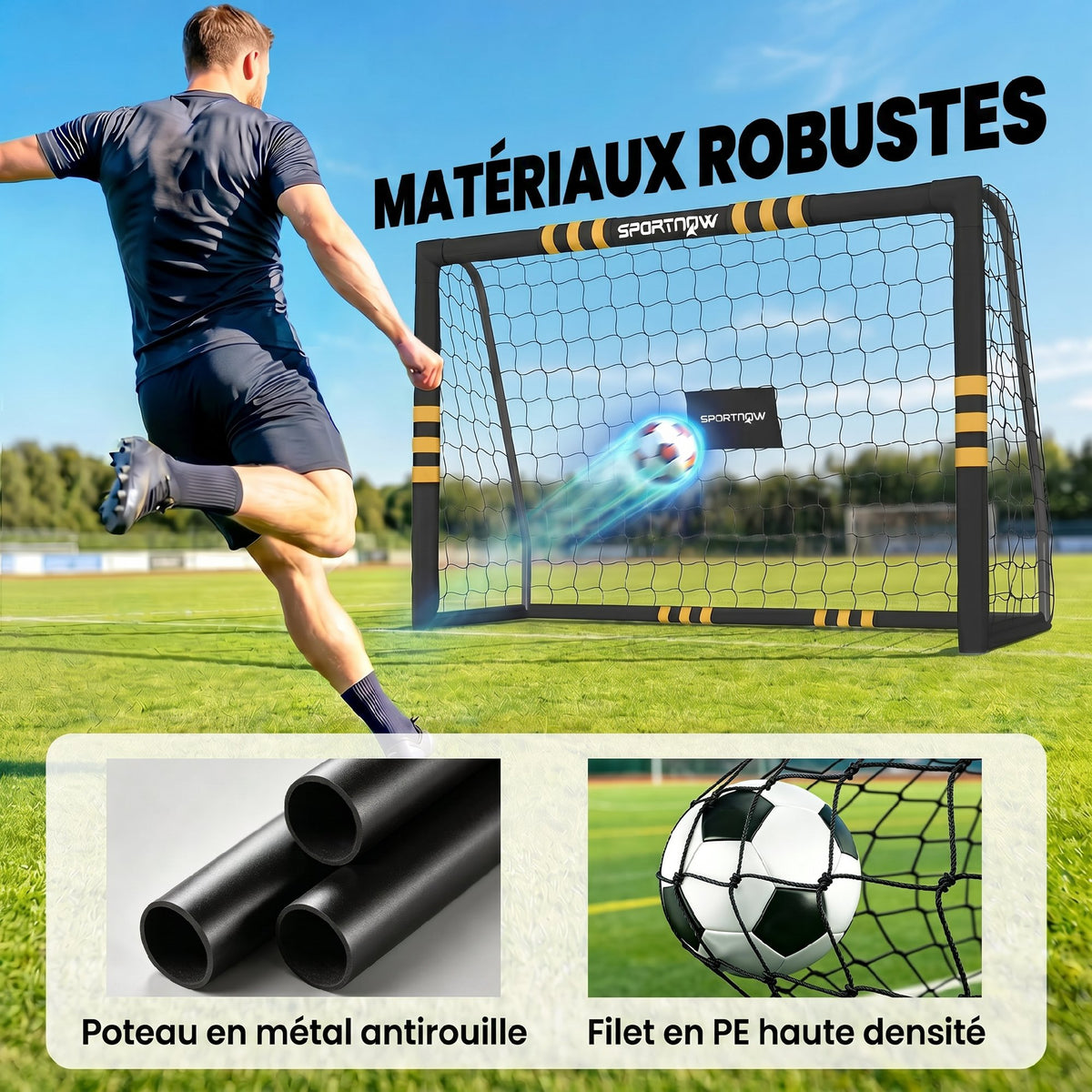 But de Football avec Mousse de Protection, 5 Piquets de Sol et Filet en PE, 180x60x120cm, Jaune-3