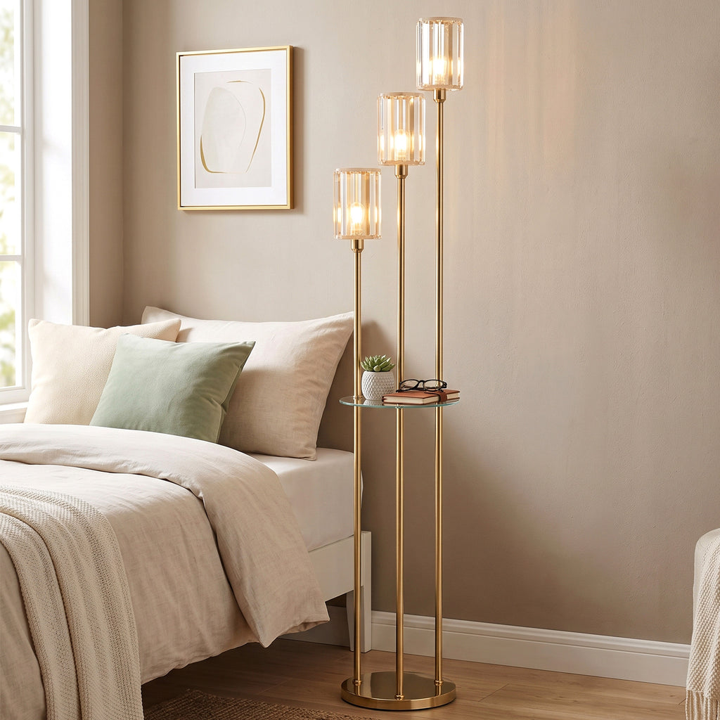 Lampadaire Étagère Verre 3 Lumières Lampe sur Pied Abat-jour Verre Doré-9