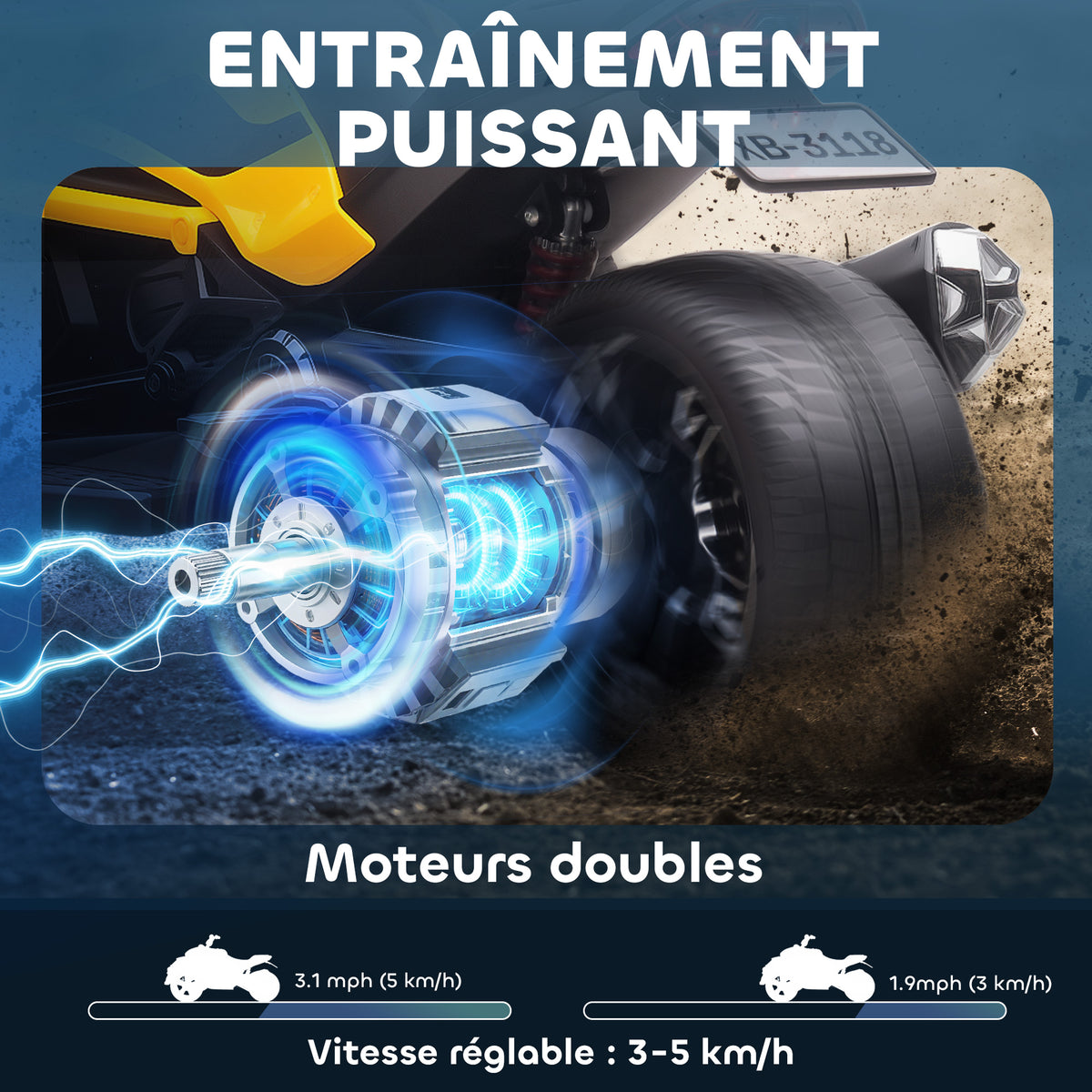 Quad électrique enfants voiture électrique enfants 12V 3 roues 2 moteurs lecteur MP3, klaxon, 2 vitesses 3-5 km/h jaune-3